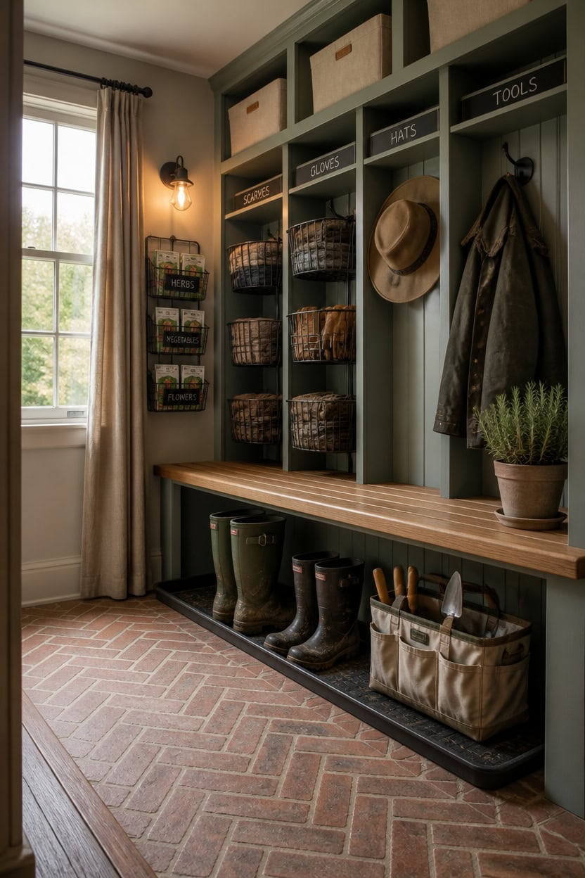 Mudroom with built-in storage, hooks, and seating area in a home.