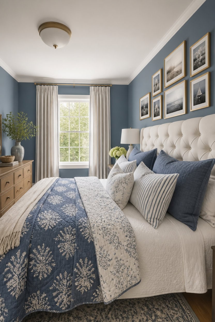seasonal blue and white bedroom
