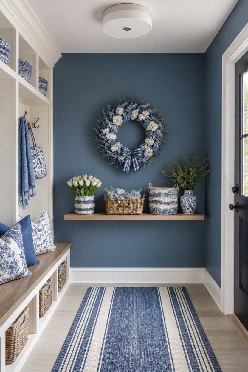 seasonal blue and white mudroom