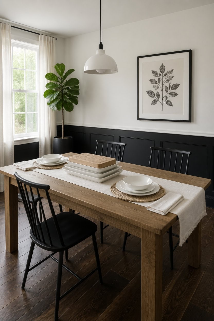 Elegant dining room with wooden table, black chairs, and framed botanical art.