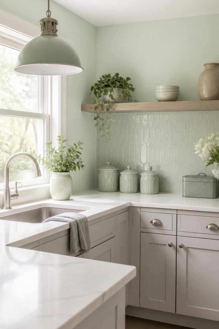 serene green gray vintage kitchen
