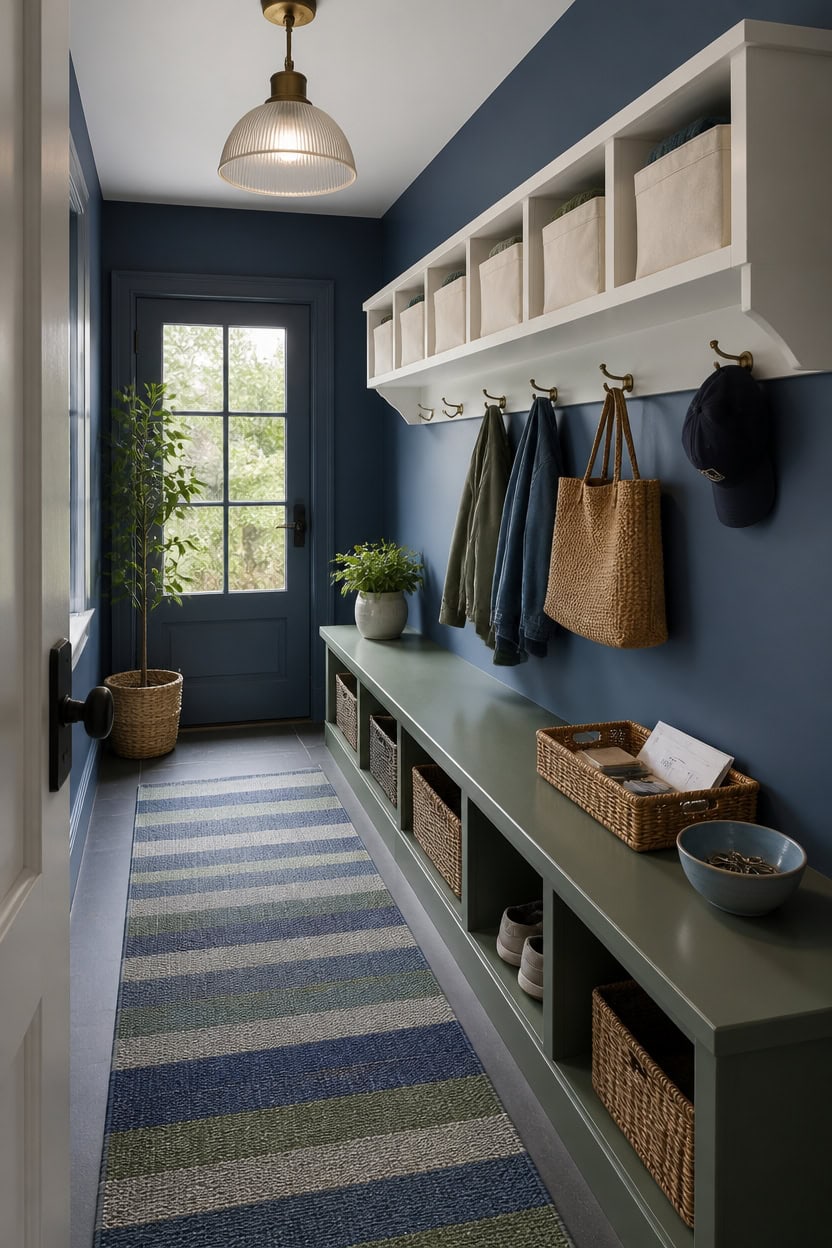 single file blue green mudroom