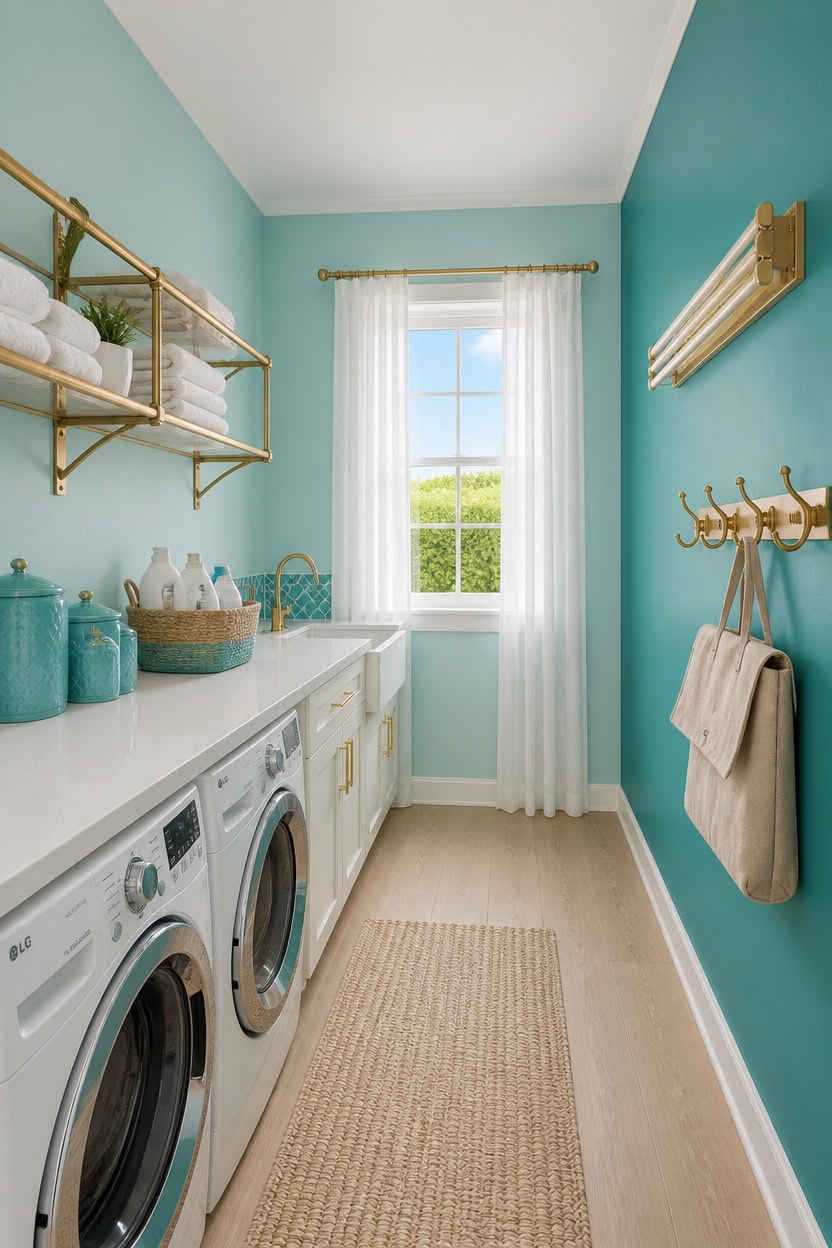 Sunny laundry room with washing machine, shelves, and window view.