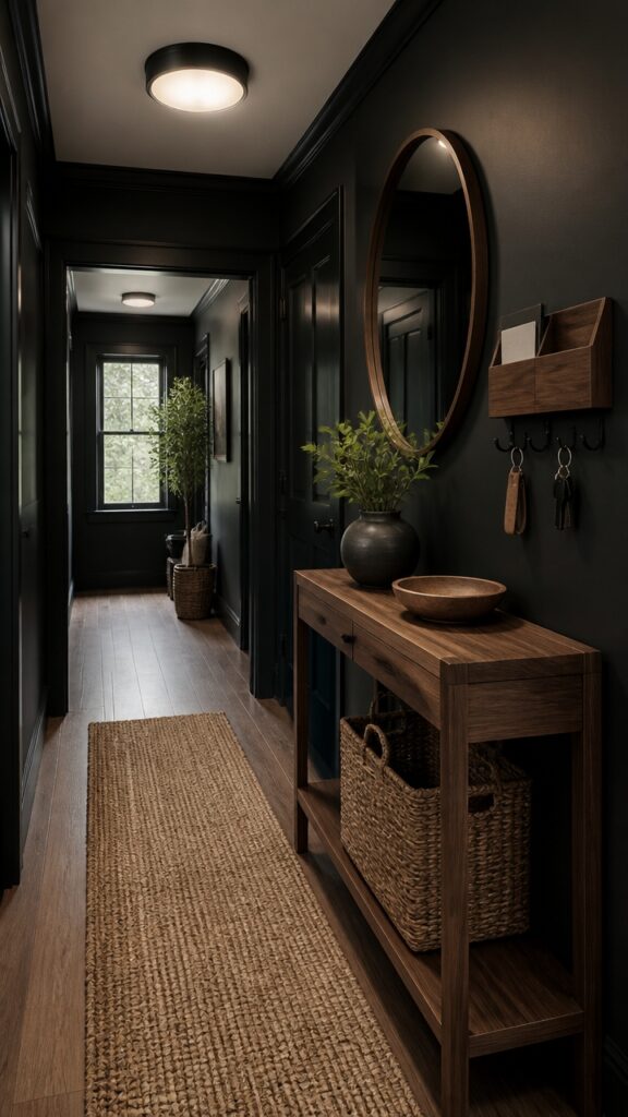 The Black and Wood Hallway That Means Business at the Door