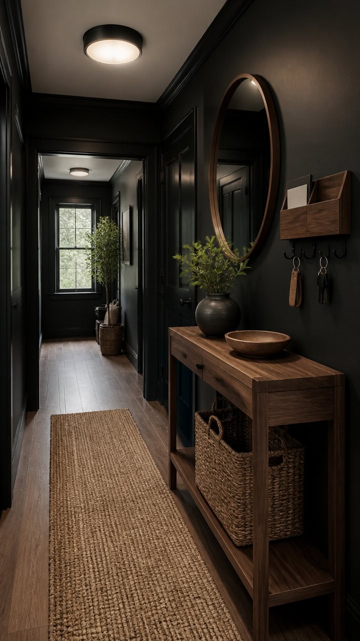 sleek black and wood entryway