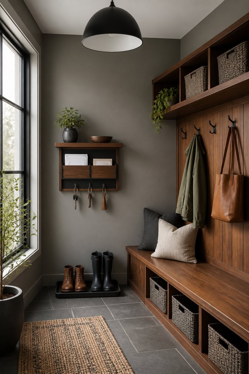 sleek gray walnut mudroom