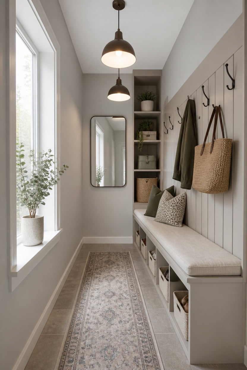 slim bench airy greige walls