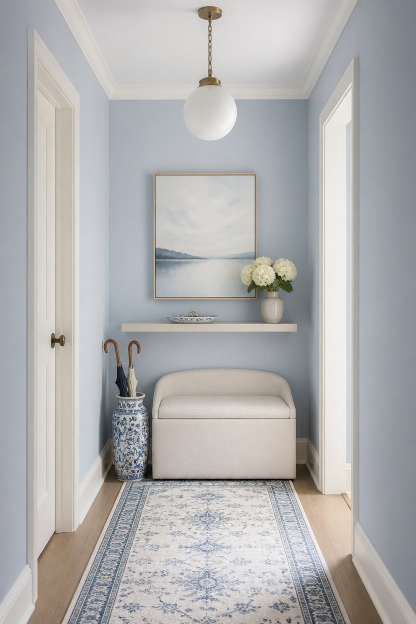 slim blue and white hallway