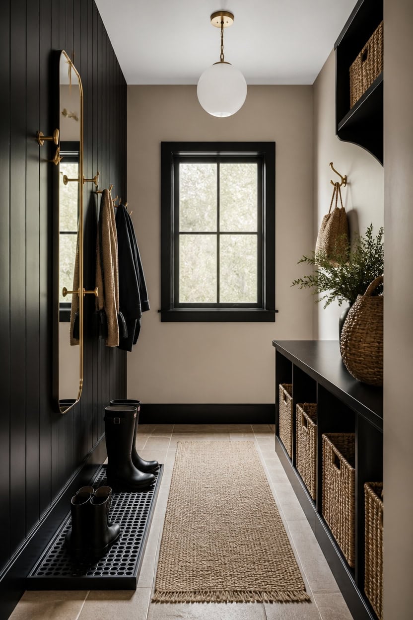 slim mirrored entry with hooks
