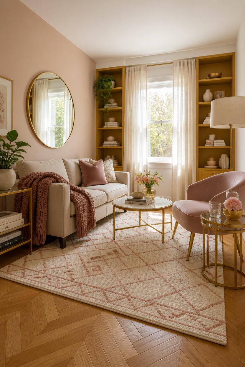 Bright living room with beige sofa, pink armchair, and wooden shelves.
