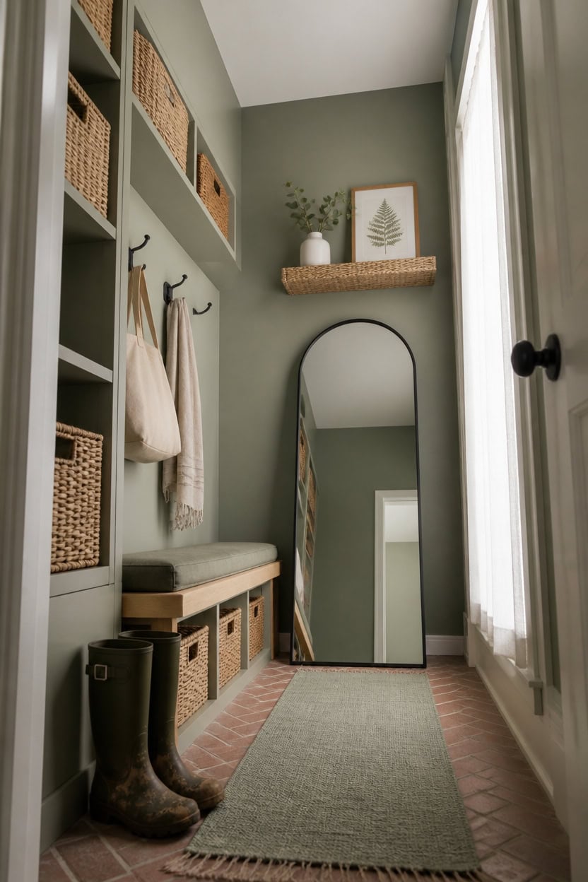 Bright entryway with storage, mirror, and decorative accents in a modern apartment.