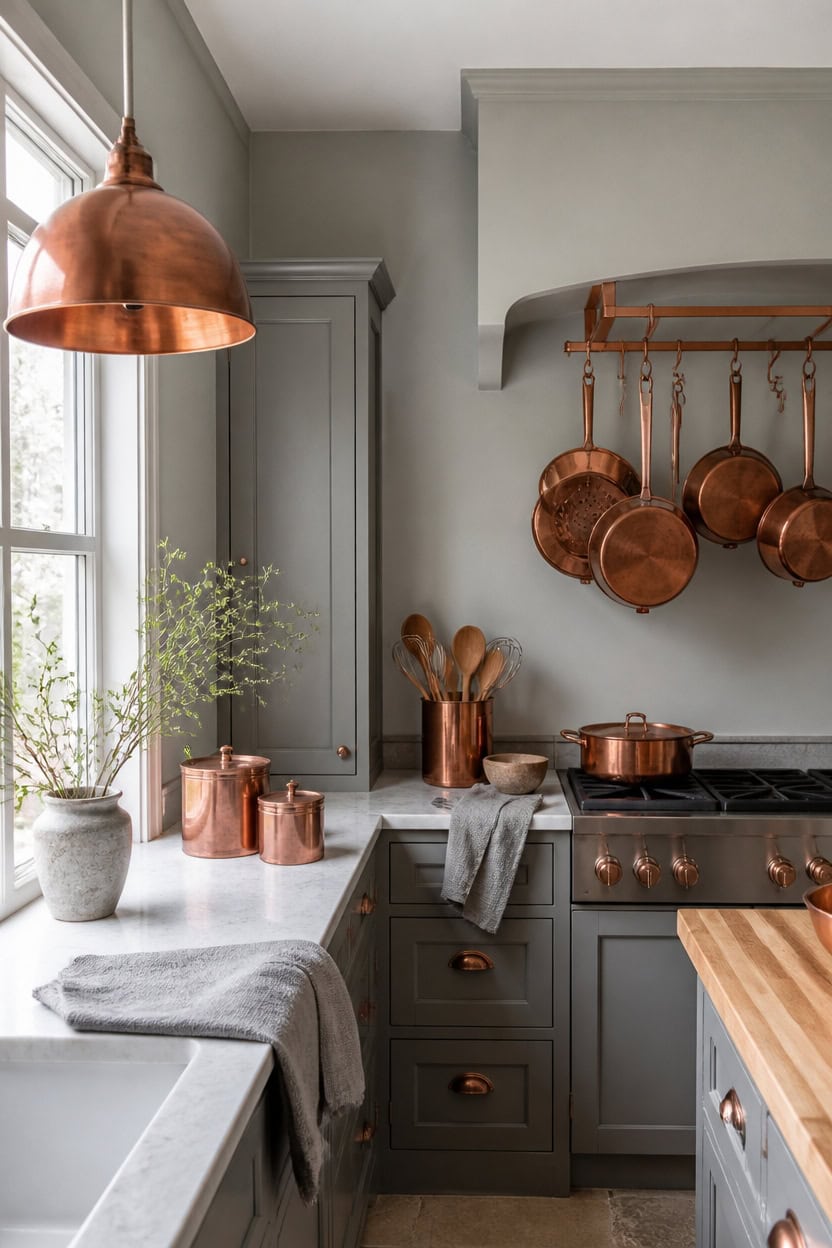 soft gray kitchen warming copper