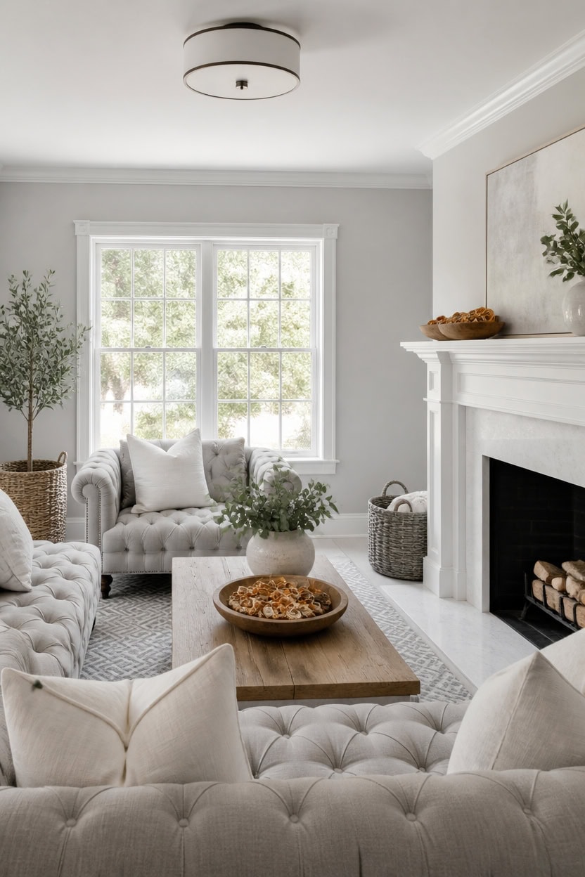 soft gray walls crisp fireplace
