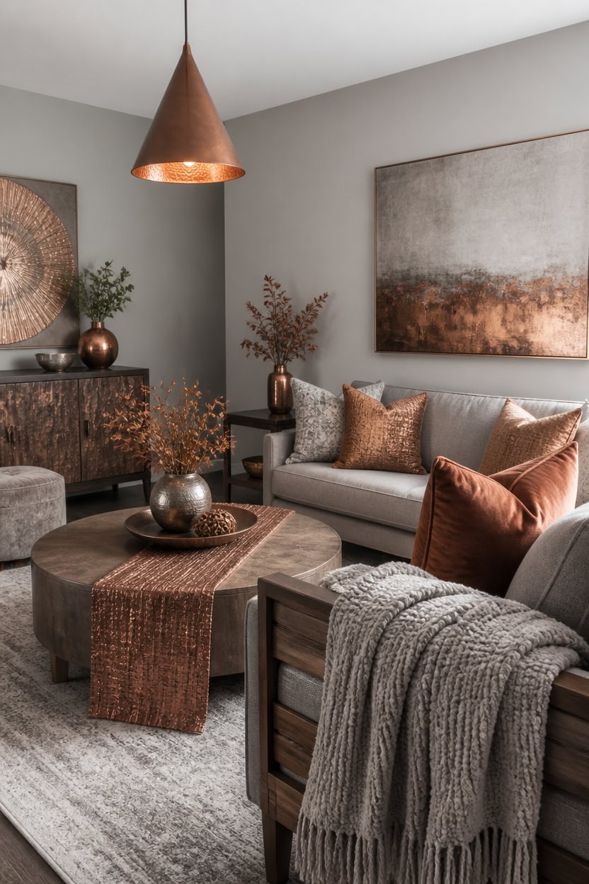 soft grays with copper accents