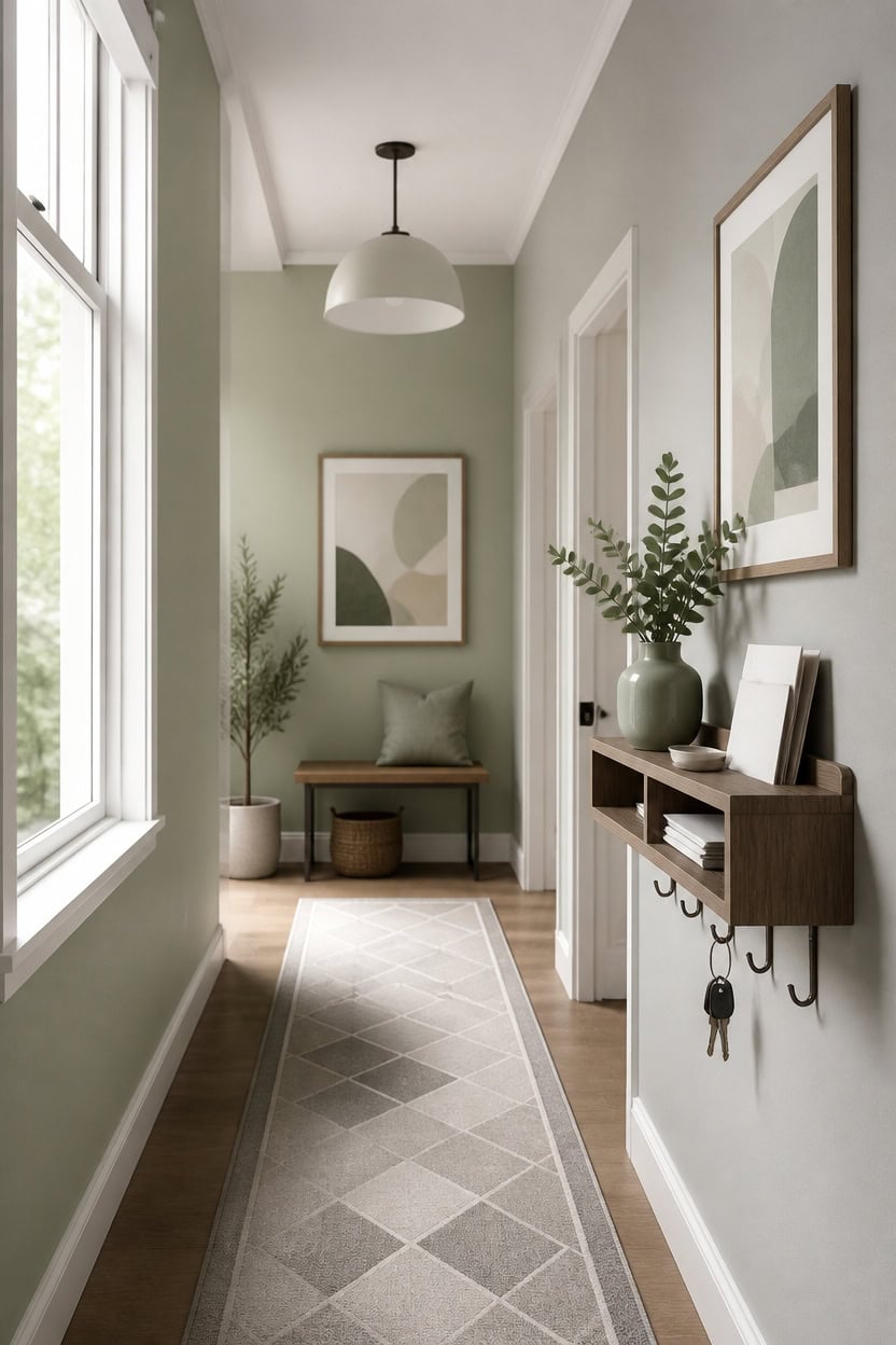 soft green gray hallway styling