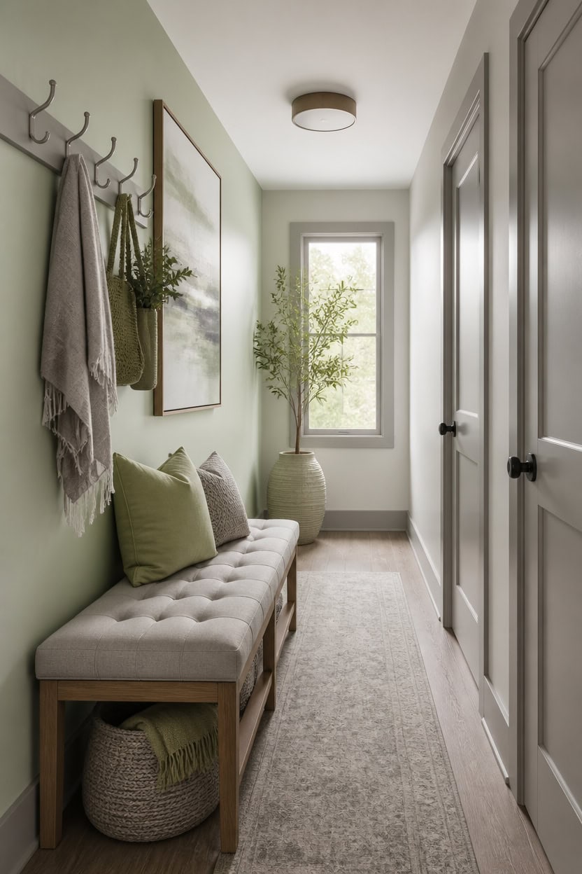 soft green gray hallway vignette