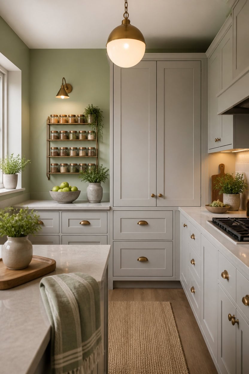 soft green gray kitchen lighting