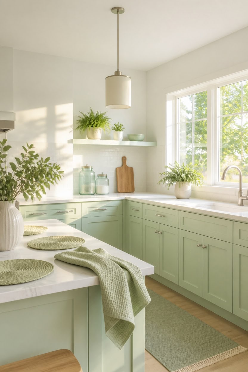 soft mint kitchen vignette