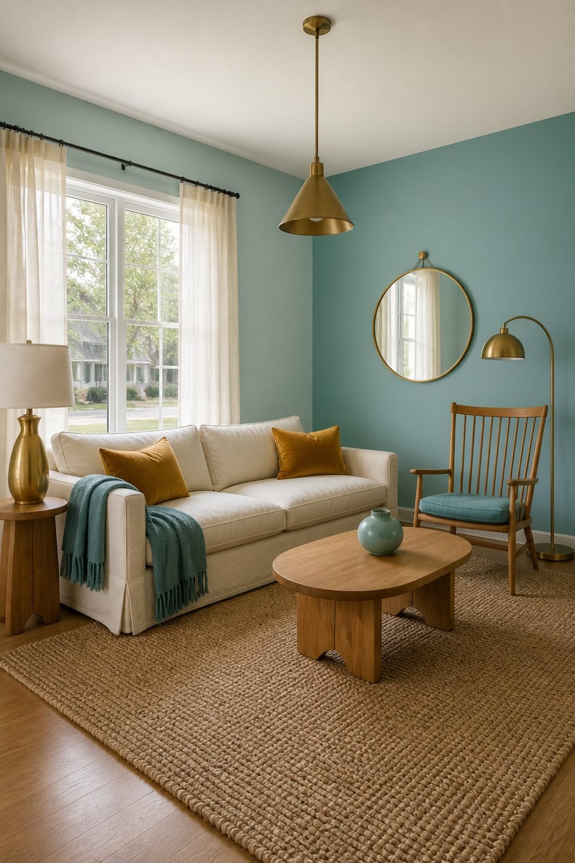 Bright living room with beige sofa, wooden chair, and blue wall decor.