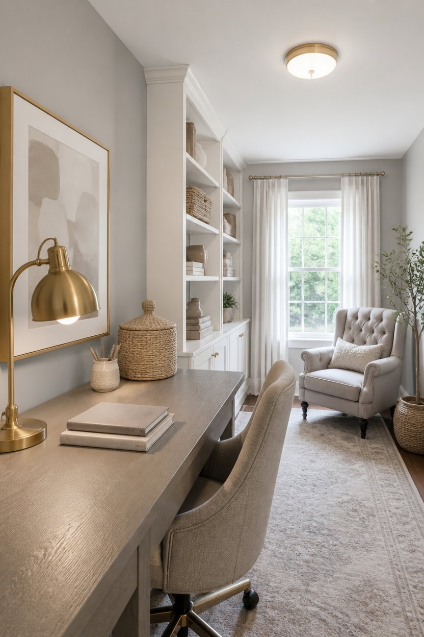 softly layered neutral workspace