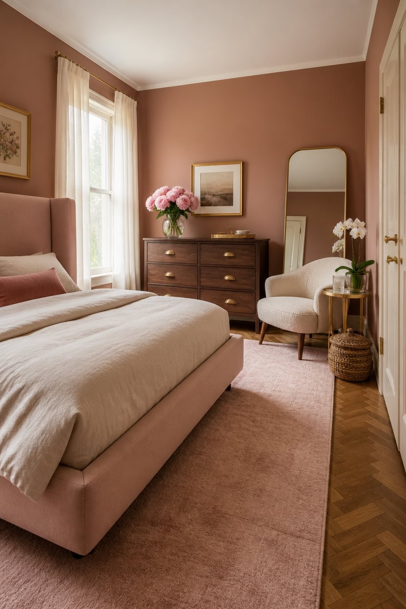 Cozy bedroom with pink walls, large window, and stylish furniture.