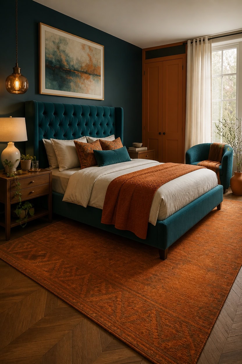Elegant bedroom with teal headboard, warm lighting, and modern decor.
