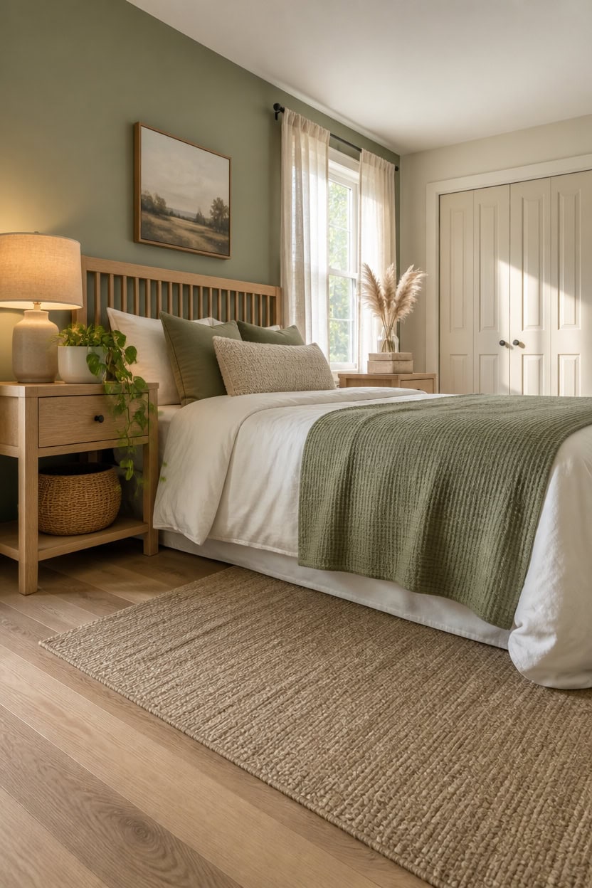 Comfortable bedroom with green accents, natural light, and stylish decor.