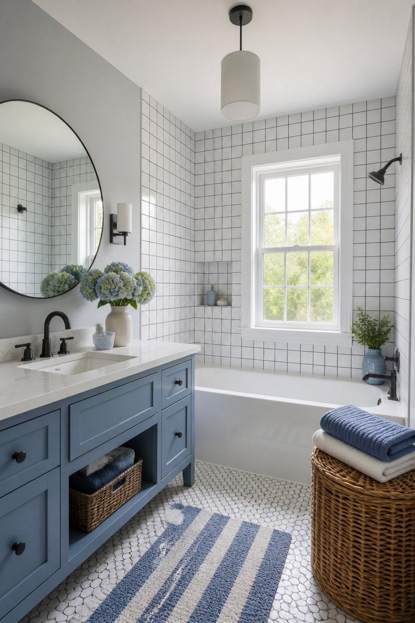 subtle gray walls blue vanity