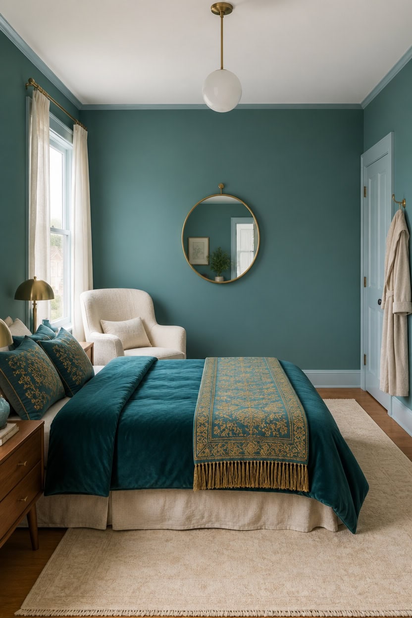 Elegant bedroom with teal walls, gold accents, and comfortable furnishings.