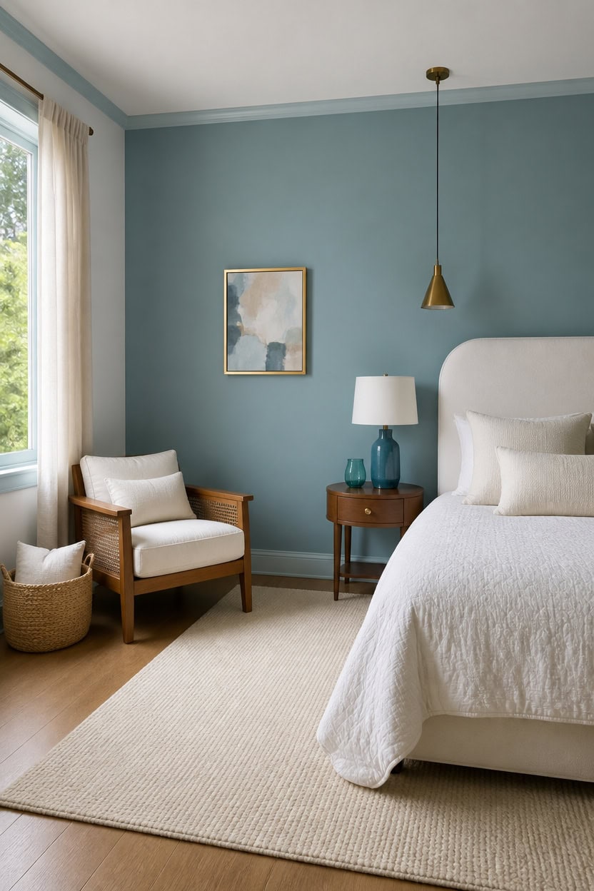 Cozy bedroom with blue wall, white bed, and natural light from window.