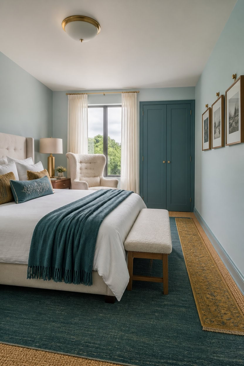 Cozy bedroom with a large window, blue wardrobe, and stylish decor.
