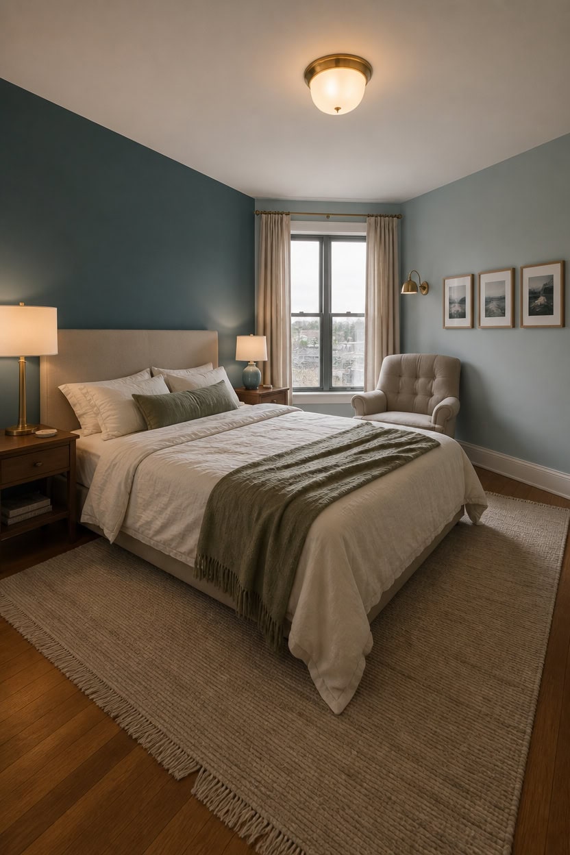 Comfortable bedroom with a large bed, armchair, and window view.