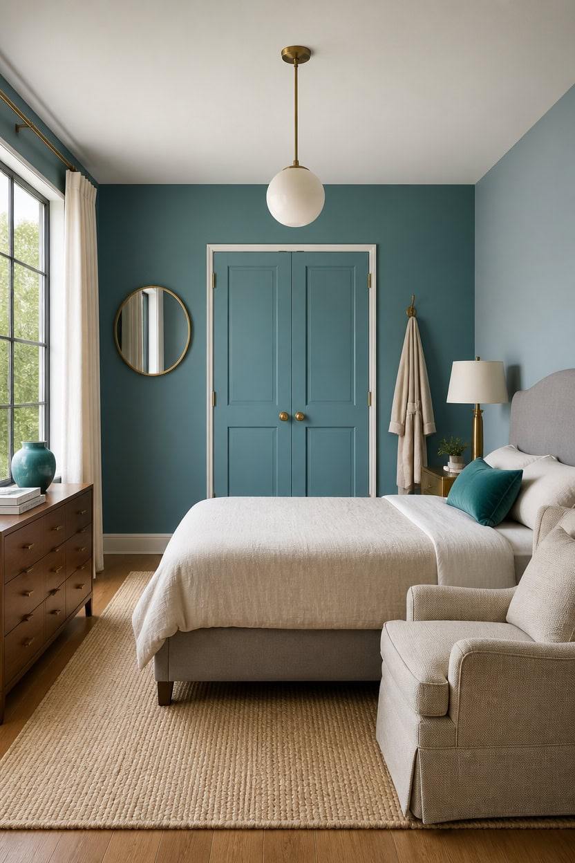 Cozy bedroom with blue accent wall, beige bed, and modern decor.