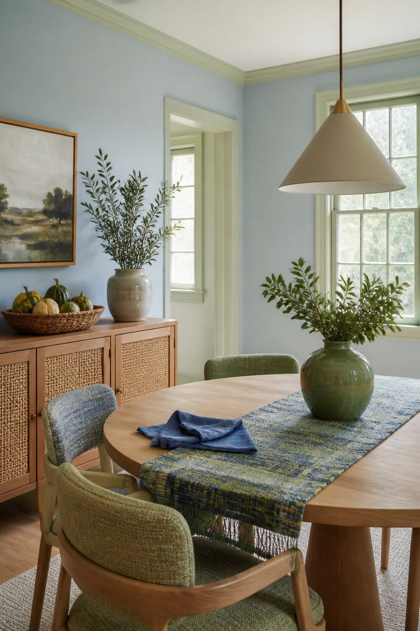 textured blue green dining vignette