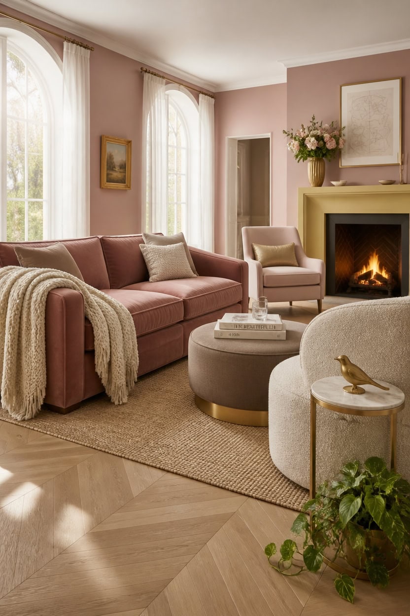 Cozy living room with pink sofa, armchair, fireplace, and large windows.