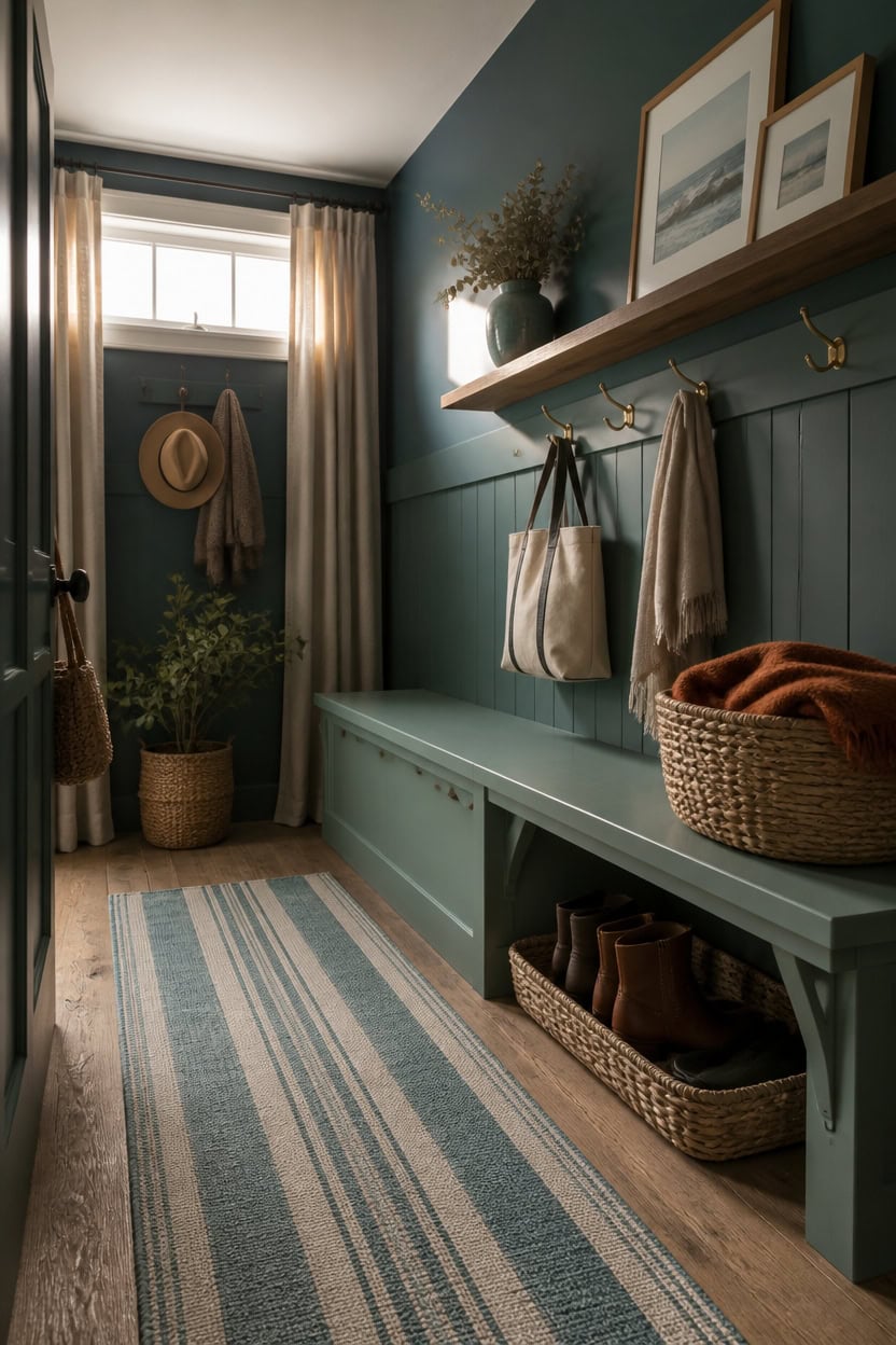 Charming apartment entryway with bench, hooks, and decorative accents.