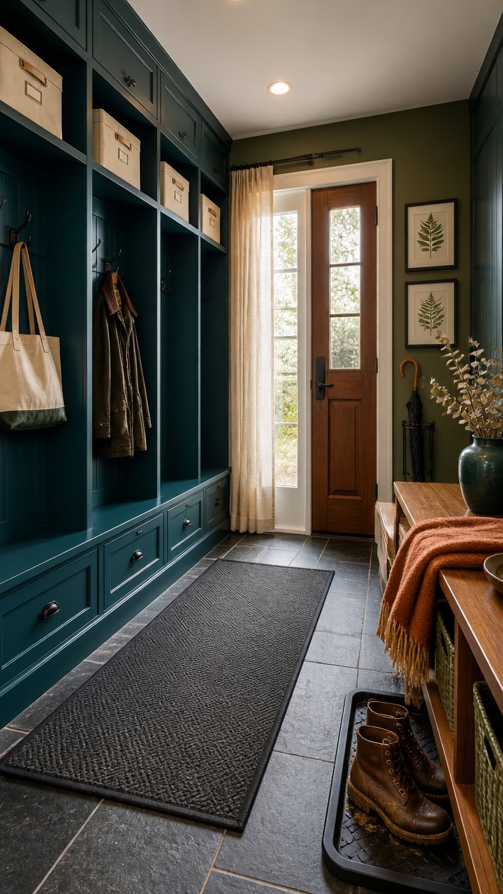 Cozy apartment entryway with blue storage unit, wooden door, and decorative wall art.