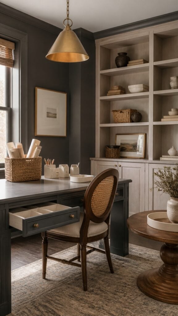 A Dark Gray and Cream Home Office for the Woman Who Thinks Through Everything Twice