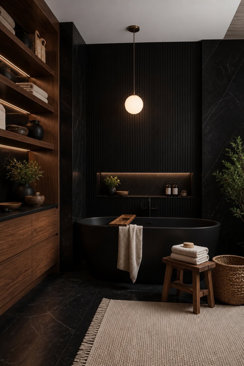 timeless black and wood bathroom