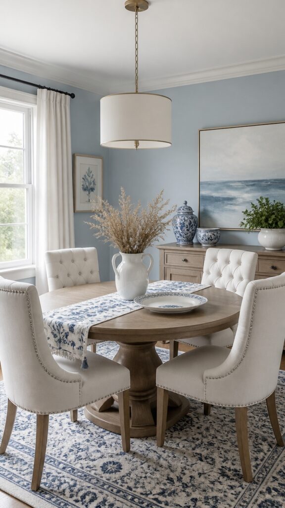 A Blue and White Dining Room That Looks the Same Every Season and Still Works