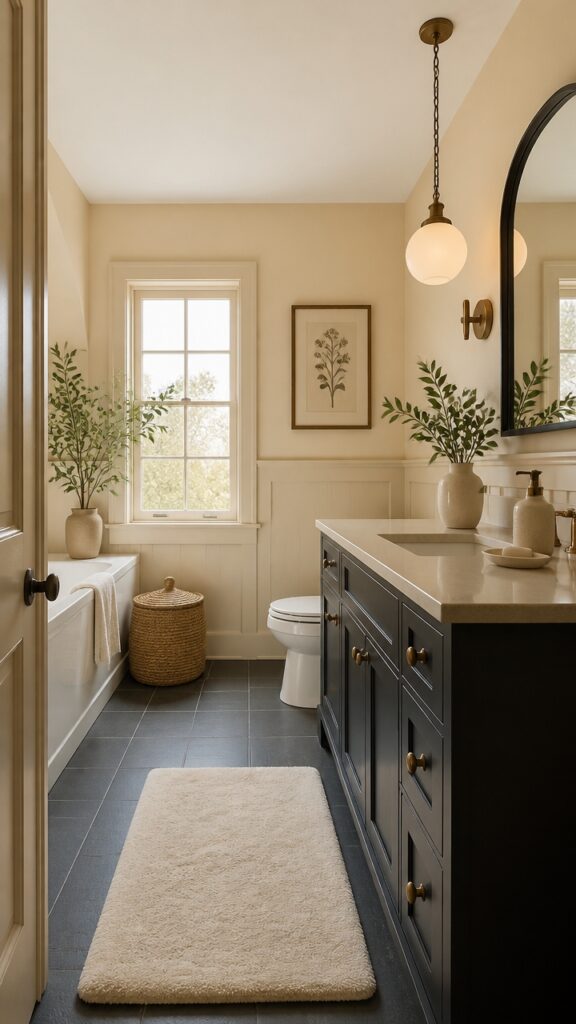 A Dark Gray and Cream Bathroom That Holds Its Mood Across Every Season