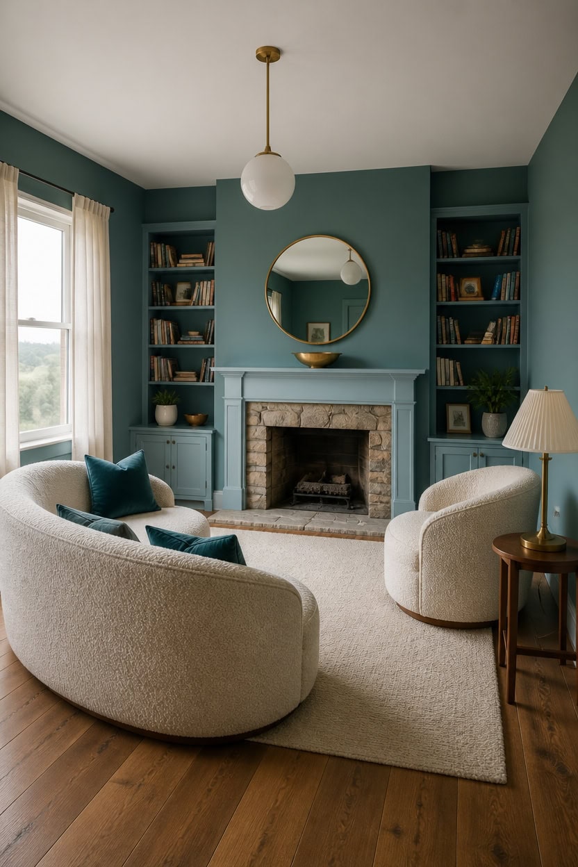 Elegant living room with fireplace, round mirror, and built-in bookshelves.