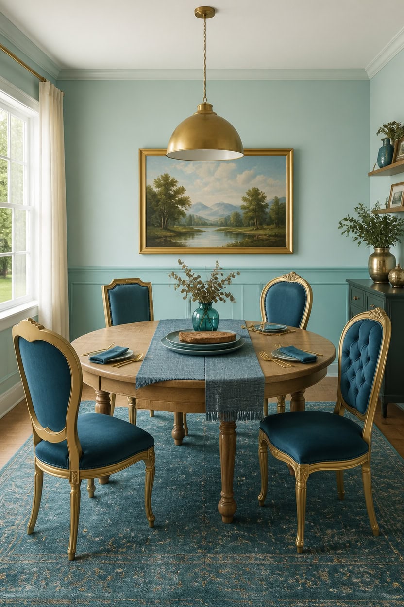 Charming dining room with blue and gold chairs, landscape painting, and natural light.