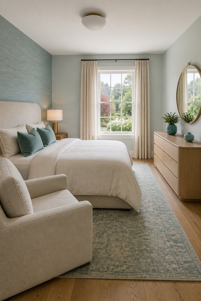 Bright bedroom with large window, beige furniture, and modern decor at Apartment ABC.