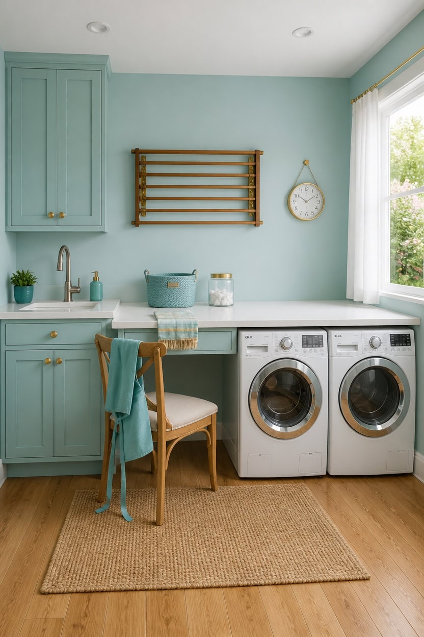 Bright laundry room with mint cabinets, washer, dryer, and natural light.