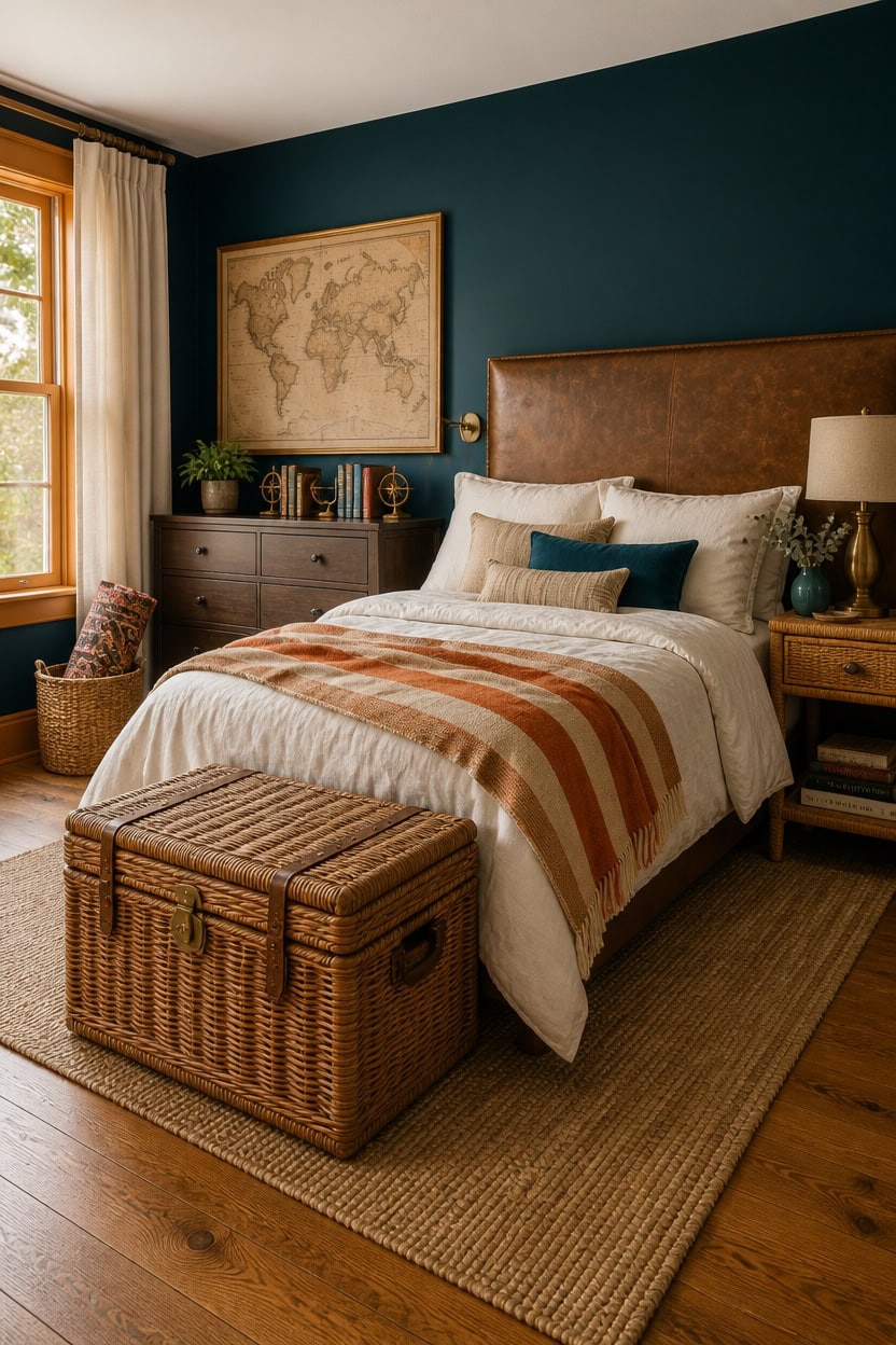 Comfortable bedroom with a large bed, wooden furniture, and a world map on the wall.