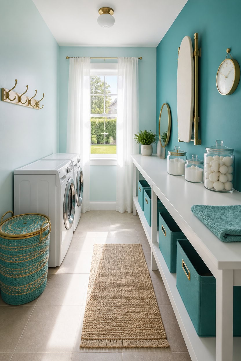 Bright laundry room with teal walls, white appliances, and decorative mirrors.