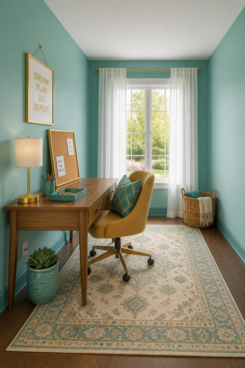 Bright home office with turquoise walls, wooden desk, and yellow chair.