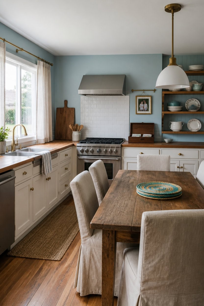 Bright kitchen with white cabinets, wooden table, and blue walls.