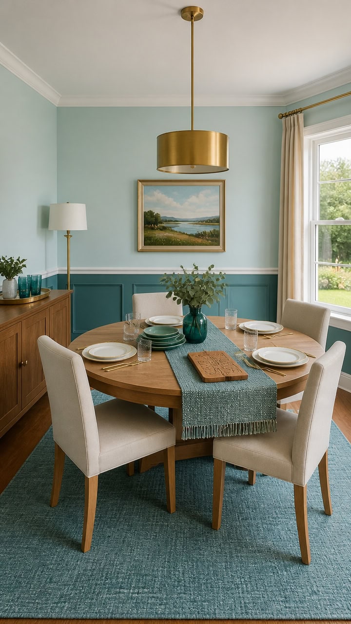 Bright dining room with round table, four chairs, and large window.